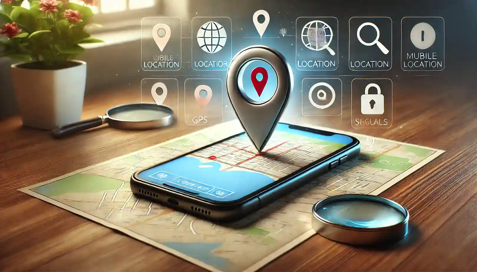 DALL·E 2024-11-09 16.08.57 - A realistic digital illustration showing how to find a mobile number location online. The main focus is a smartphone displaying a map interface with a (1)