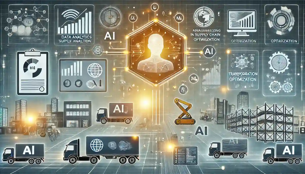 DALL·E 2024-10-24 13.33.16 - An illustration representing the implementation of AI in supply chain management. The image should include elements like data analytics dashboards, AI (1)