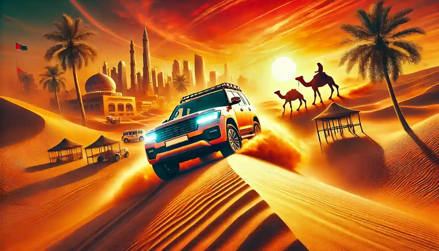 DALL·E 2024-11-21 20.15.06 - A stunning digital illustration depicting the best desert safari packages and dune bashing tours in Dubai. The image features a 4x4 vehicle speeding o (2)