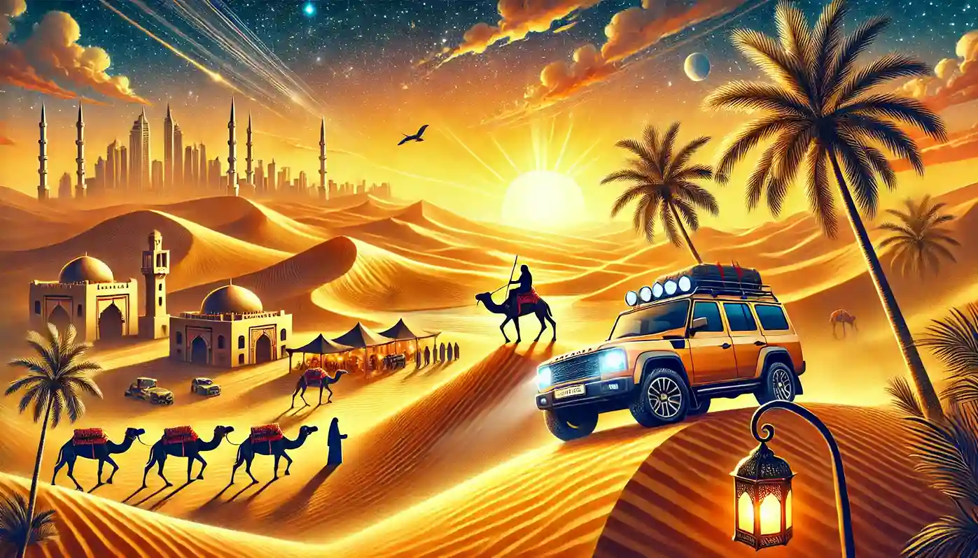 DALL·E 2024-11-21 20.17.48 - A captivating digital illustration showcasing a Dubai desert trip with top adventure safari experiences. The image features a 4x4 vehicle driving over (1)