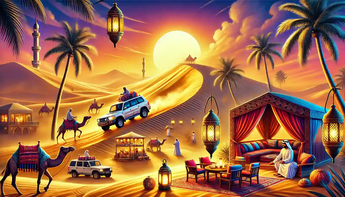 DALL·E 2024-11-21 20.20.17 - A vibrant digital illustration of an evening desert safari in Dubai featuring sand dunes and camp activities. The scene includes a 4x4 vehicle perform (1)
