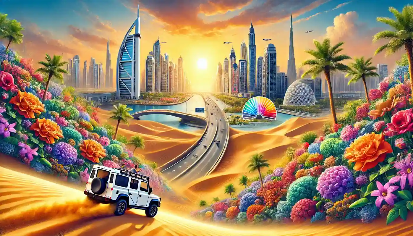 DALL·E 2024-11-21 20.57.23 - A vibrant digital illustration combining Dubai's JBR Road, Miracle Garden, and a desert safari adventure. The image features a picturesque view of JBR (1)