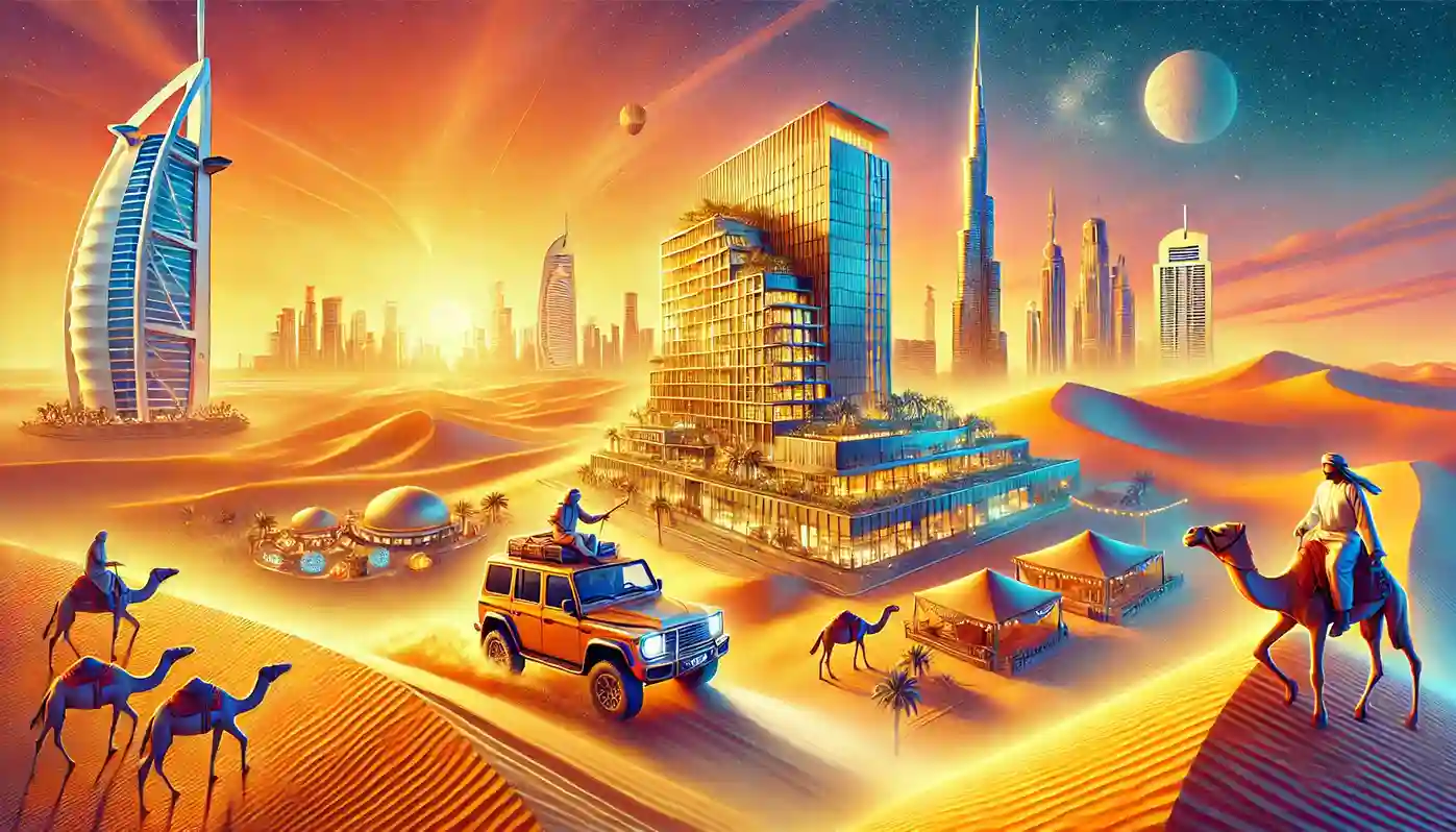 New Hotels and Best Places for Desert Safari in Dubai 2024 DALL·E 2024-11-21 21.01.08 - A vibrant digital illustration showcasing new hotels and the best places for a desert safari in Dubai for 2024. The scene features a luxurious modern (1)